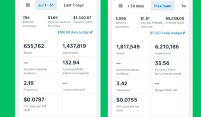 Website Purchase Results Comparison — Meta Ads Manager · Sales campaign screenshot
