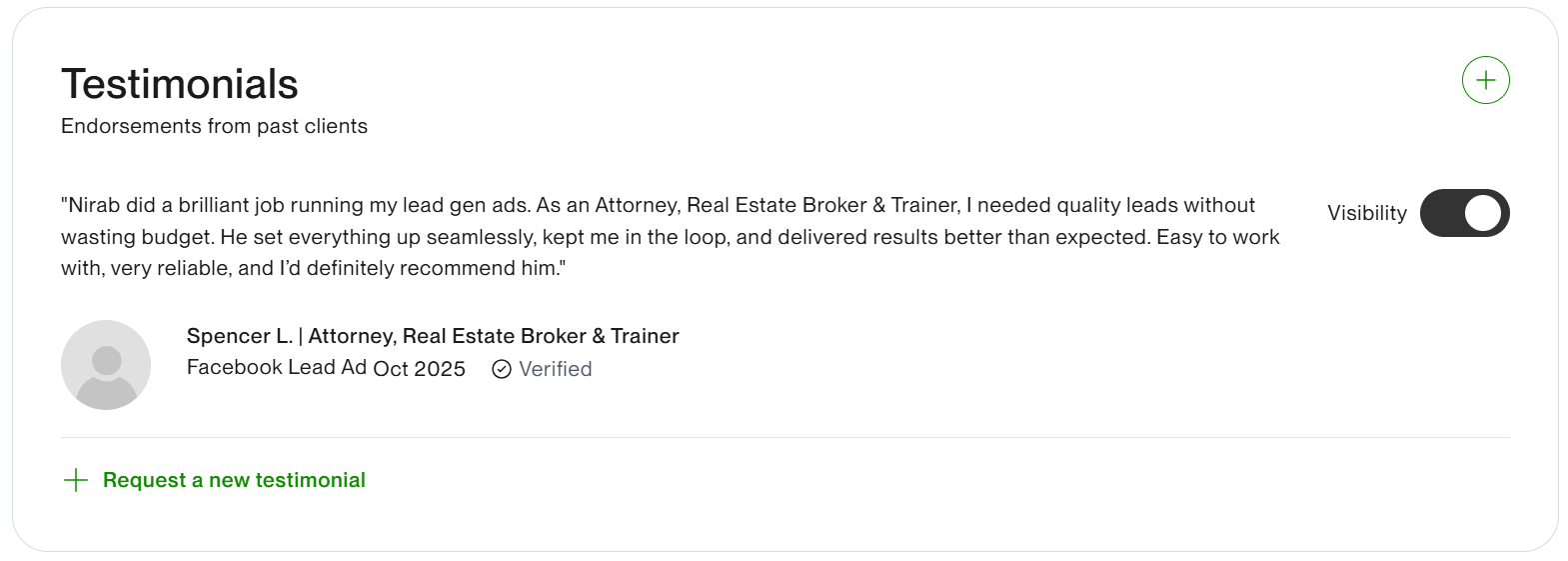 Verified testimonial from Spencer L., Attorney & Real Estate Broker, on a Facebook lead ad campaign