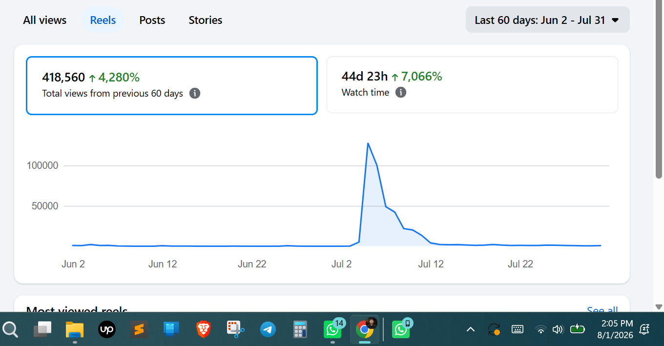 Reel Performance Report — Meta Business Suite · Organic Reach campaign screenshot
