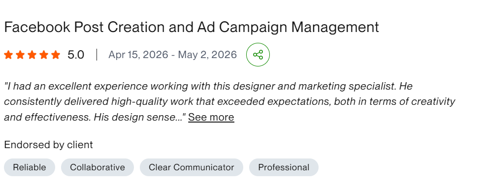 Upwork 5.0 review for Facebook post creation and ad campaign management