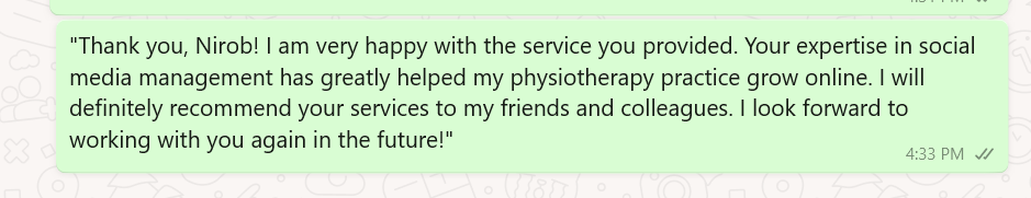 WhatsApp message from a physiotherapy practice owner about social media management results